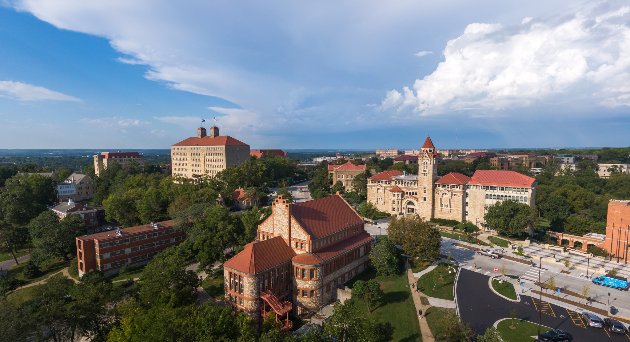 Aerial Campus Beauty Dyche Hall Natural History Museum FOV Wide Fraser Hall Lawrence Campus Seasons Spooner Hall blue sky clouds drone fall color good clouds panorama summer color